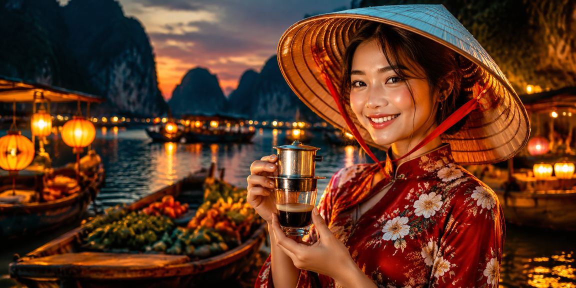 Phụ nữ đội nón lá xem kèo thể thao trên di động với cảnh vịnh Hạ Long phía sau