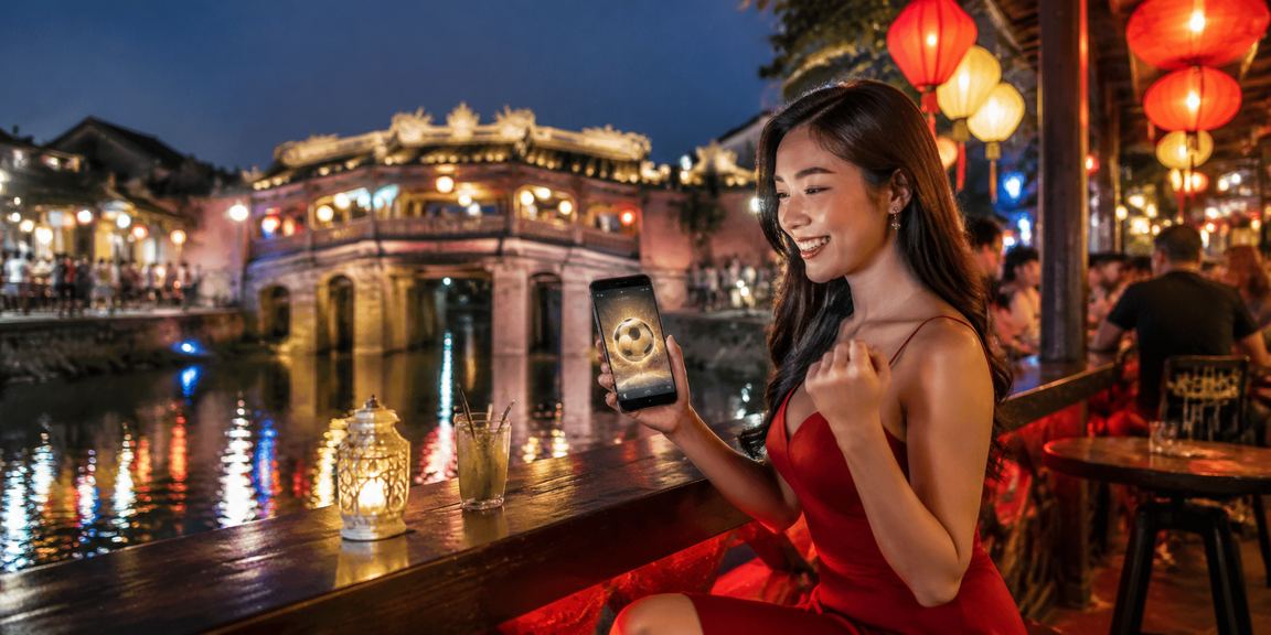 Người dùng theo dõi tỷ lệ cá cược bóng đá tại chợ đêm Hội An trên điện thoại