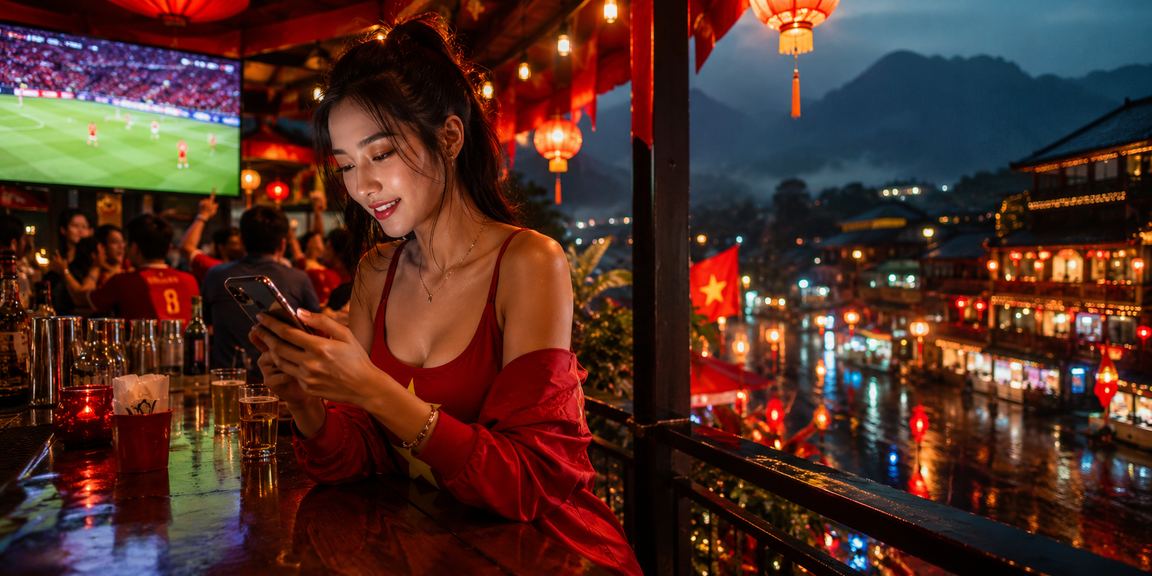Người hâm mộ bóng đá theo dõi kèo trận đấu trên điện thoại tại vùng núi Sapa